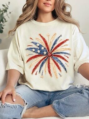 White Graphic Tee with Red, White, & Blue Firework Flag Design